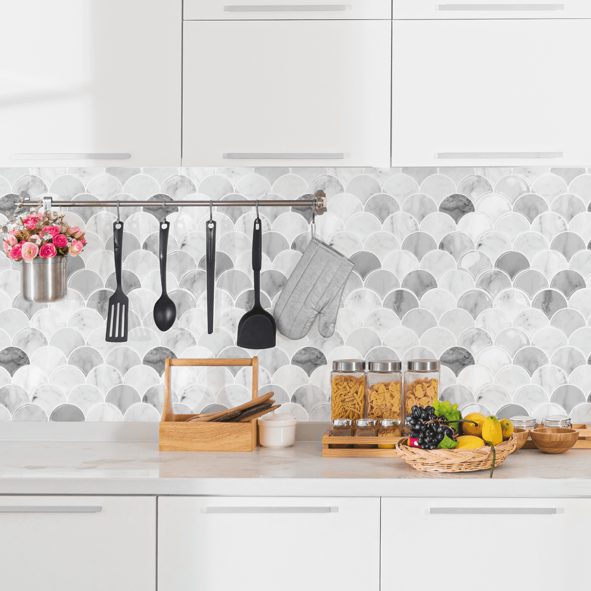 20 Sheets Peel and Stick Tile for Bathroom Kitchen Backsplash Tile Stickers Peel and Stick on Backsplash 12"x12" Fish Scale Removable Back Splash for Renters Living Room Fireplace
