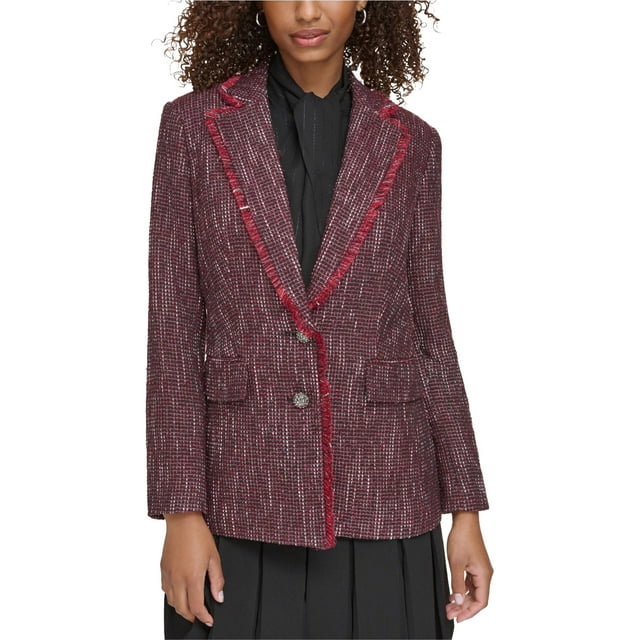 Karl Lagerfeld Womens Metallic Tweed Blazer Jacket, Red, 2