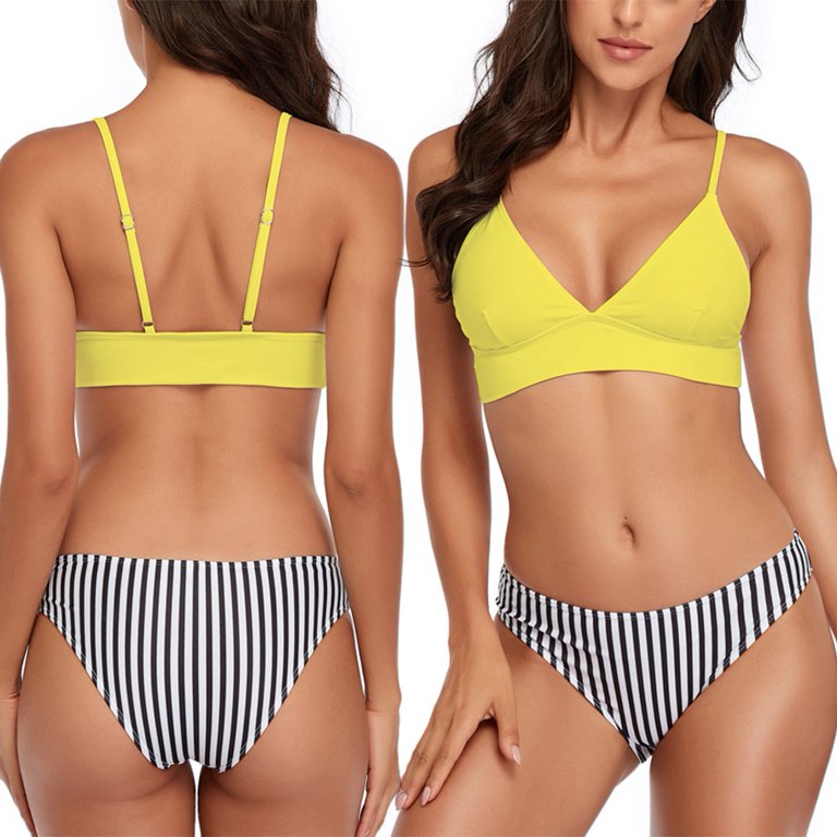 Women's Spaghetti Strap Bralette Bikini Set V-neck Two-piece Swimsuit,Triangle  Mid-Waist Padded Push Up Bathing Suit, Sexy Strip Bikini Set Adjustable  Strap Beautiful Back,Yellow S-XL 