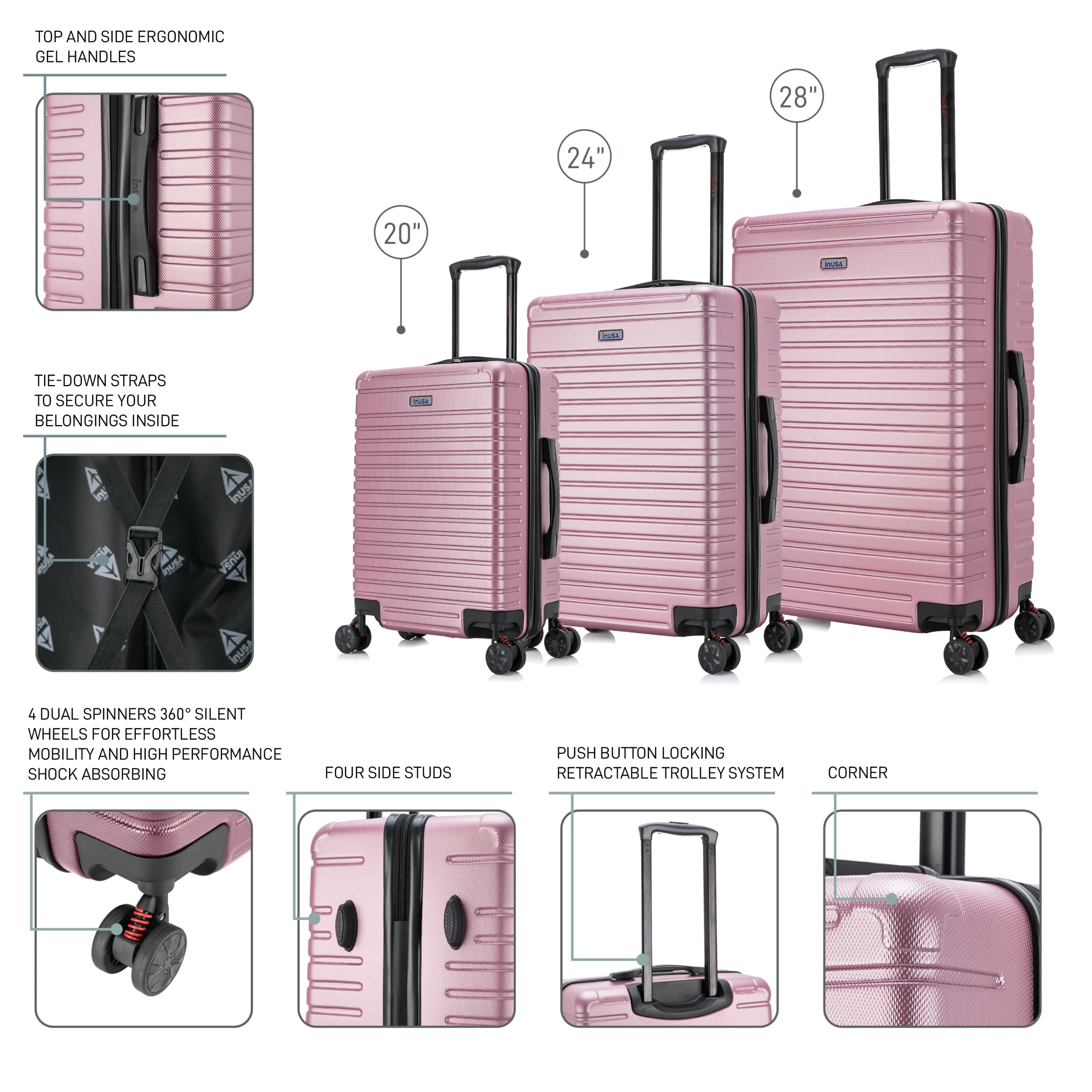 InUSA Deep 3-Piece Hardside Luggage Sets with Spinner Wheels, Handle, Trolley, (20"/24"/28"), Rose Gold