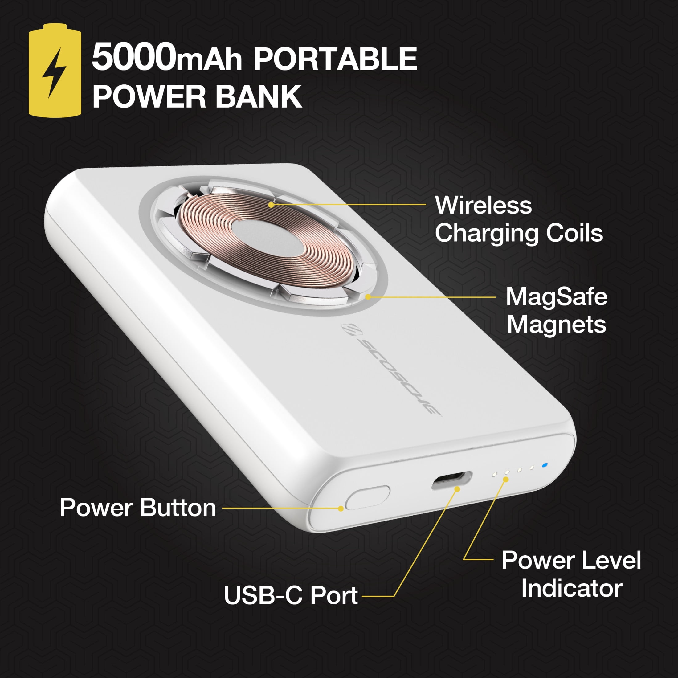 Scosche PBQ5MSWT-SP GoBat Qi Wireless Charging 5,000 Mah Power Bank with USB-C Port, White