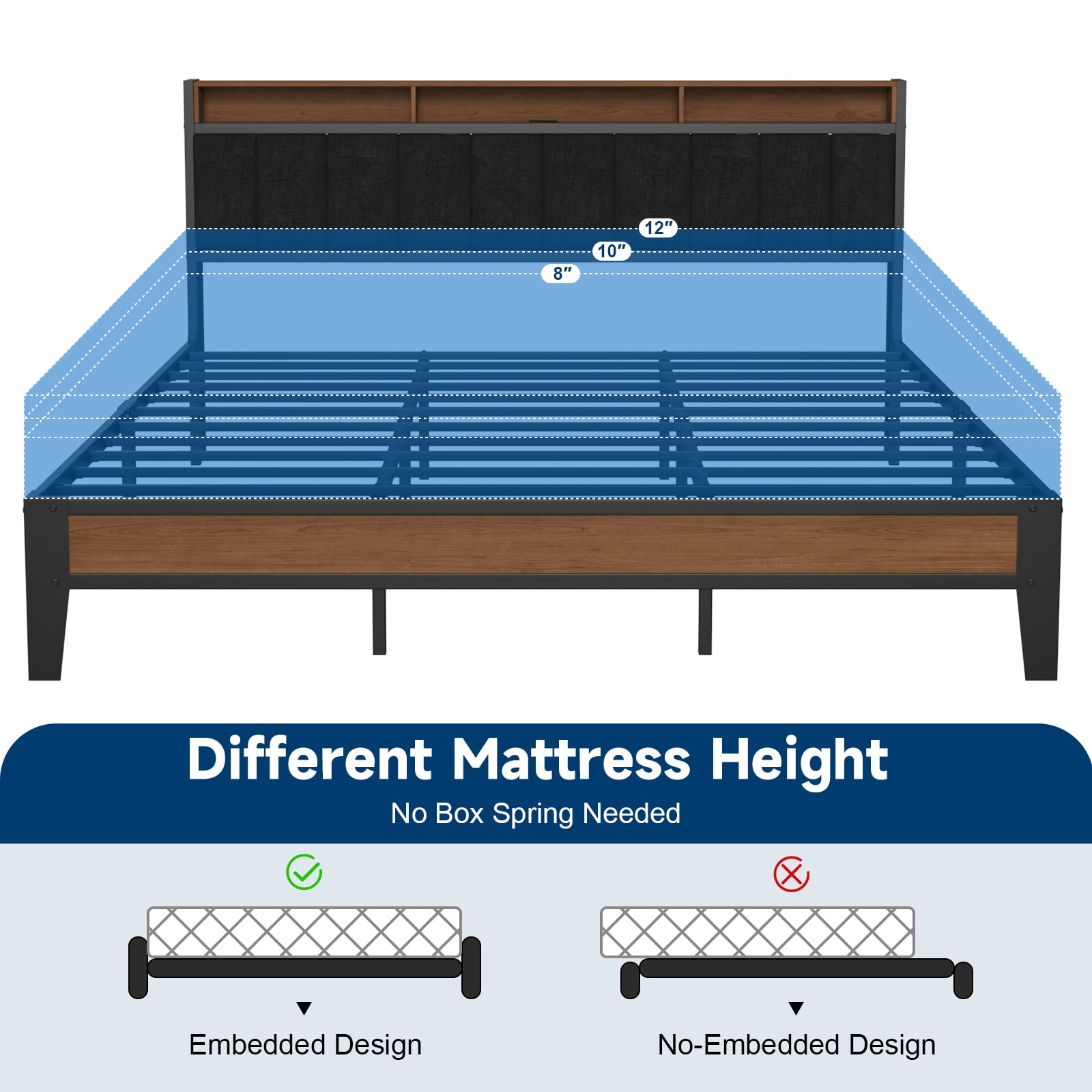 Lusimo California King Bed Frame with Headboard and Charging Station, Modern Fabric Upholstered Metal Platform Bed Frame with Headboard Storage Shelf No Box Spring Needed, Black