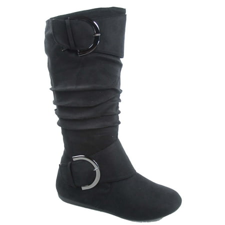 Bank-81 Women s Fashion Zipper Big Buckle Slouch Casual Flat Heel Mid Calf Round Toe Boots