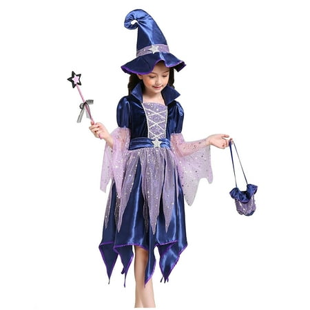 

Witch Costume Halloween for Girls with Hat Candy Bag Stick Fancy Party Princess Dress Up Outfit Cute Cosplay Birthday Dresses Purple 3-4 years