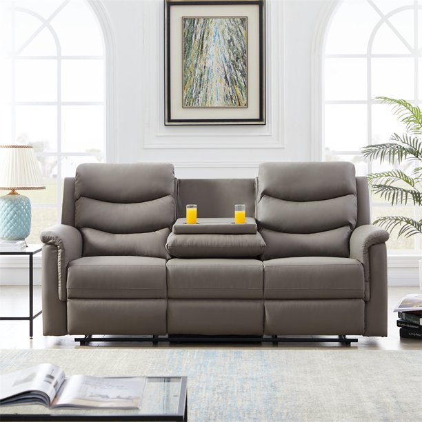 Alara 3 Seater Recliner Sofa Pu Leather Reclining With Center Console For Home Gray Com Alara 3 Seater Recliner Sofa Pu, 3 Seater Electric Recliner Sofa With Console