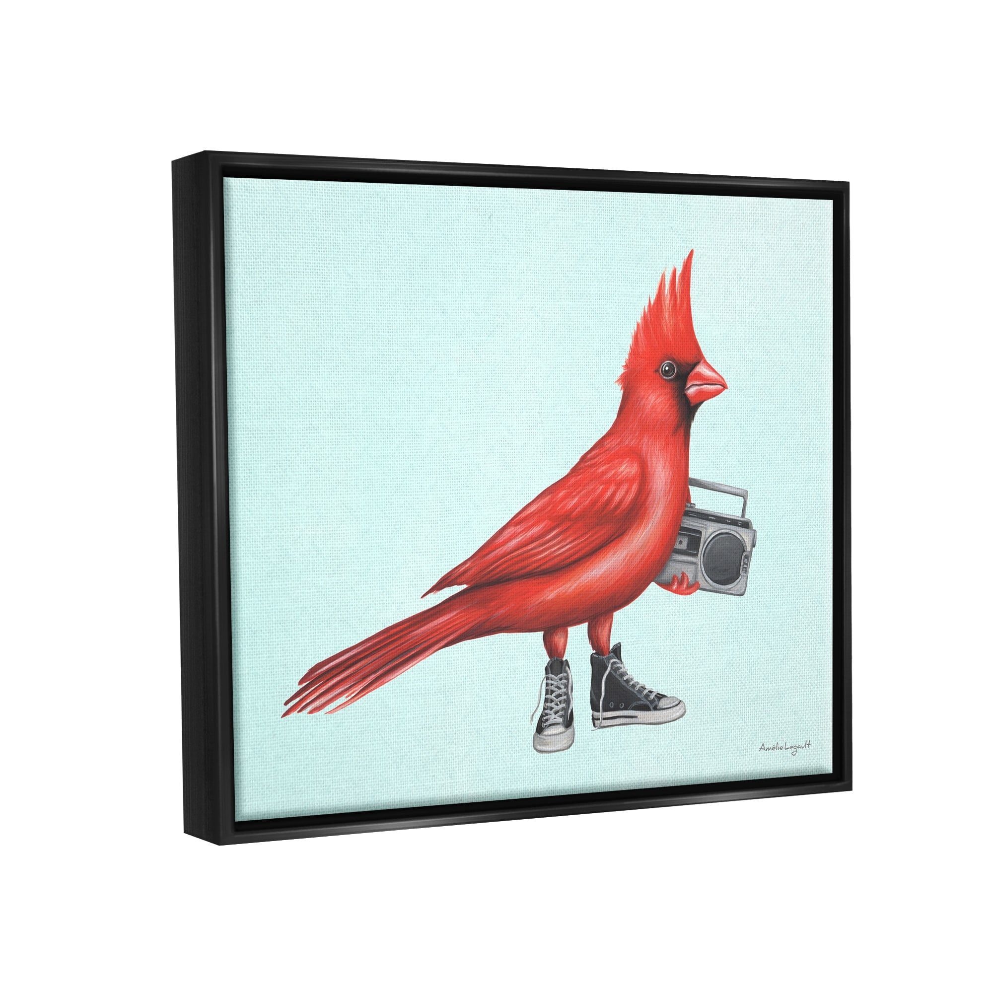 Stupell Industries Cardinal Bird Black Sneakers Retro Boombox Illustration Graphic Art Jet Black Floating Framed Canvas Print Wall Art, Design by Amelie Legault