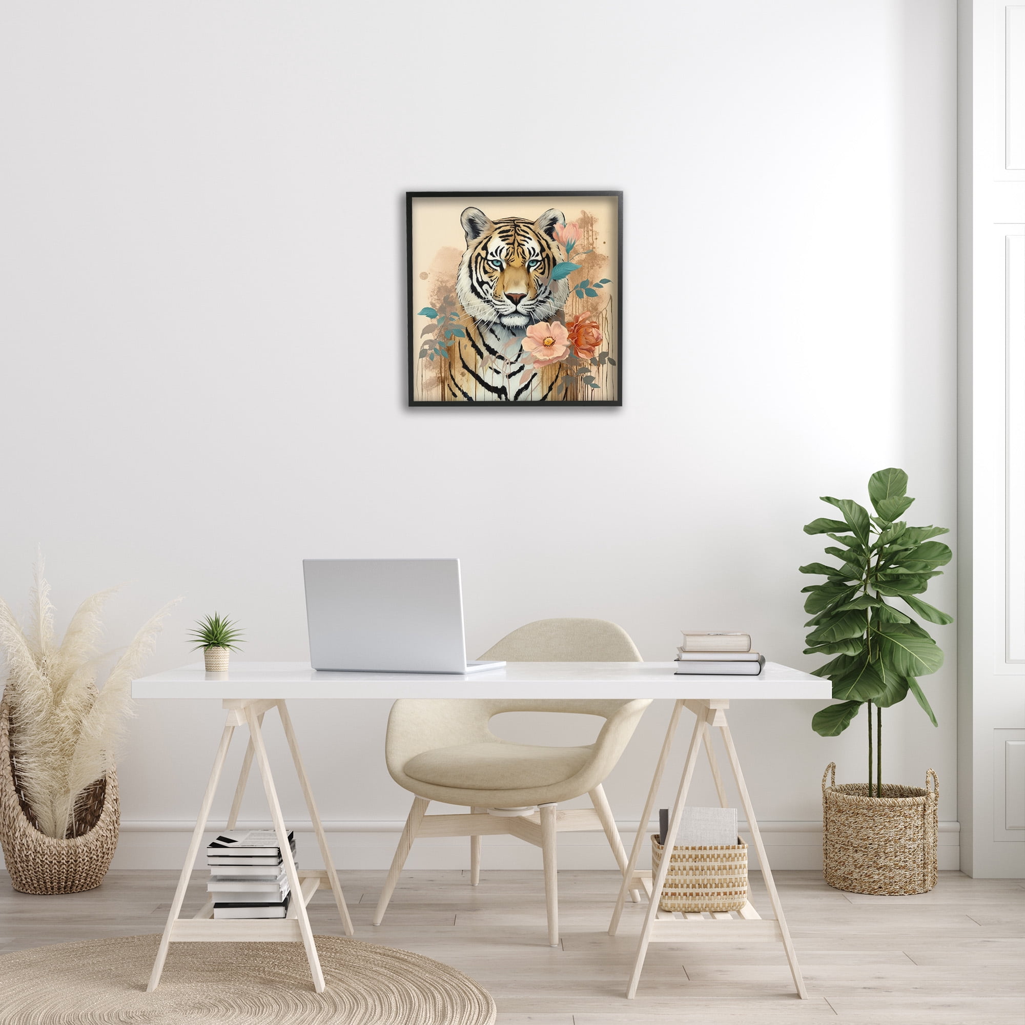 Stupell Industries Modern Floral Tiger Animals & Insects Painting Black Framed Art Print Wall Art, 24 x 24
