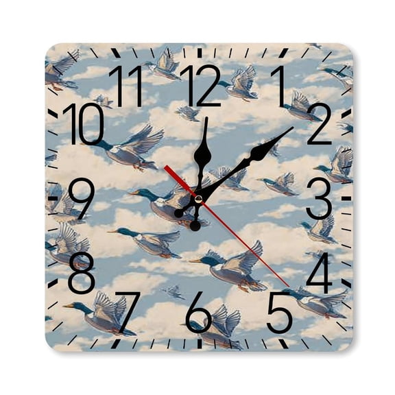 RKSupls 10×10inch Square Silent Wall Clock Wooden Frame, Ducks Flying Clouds Scale Decorative Clock for Home Bedroom Living Room Office