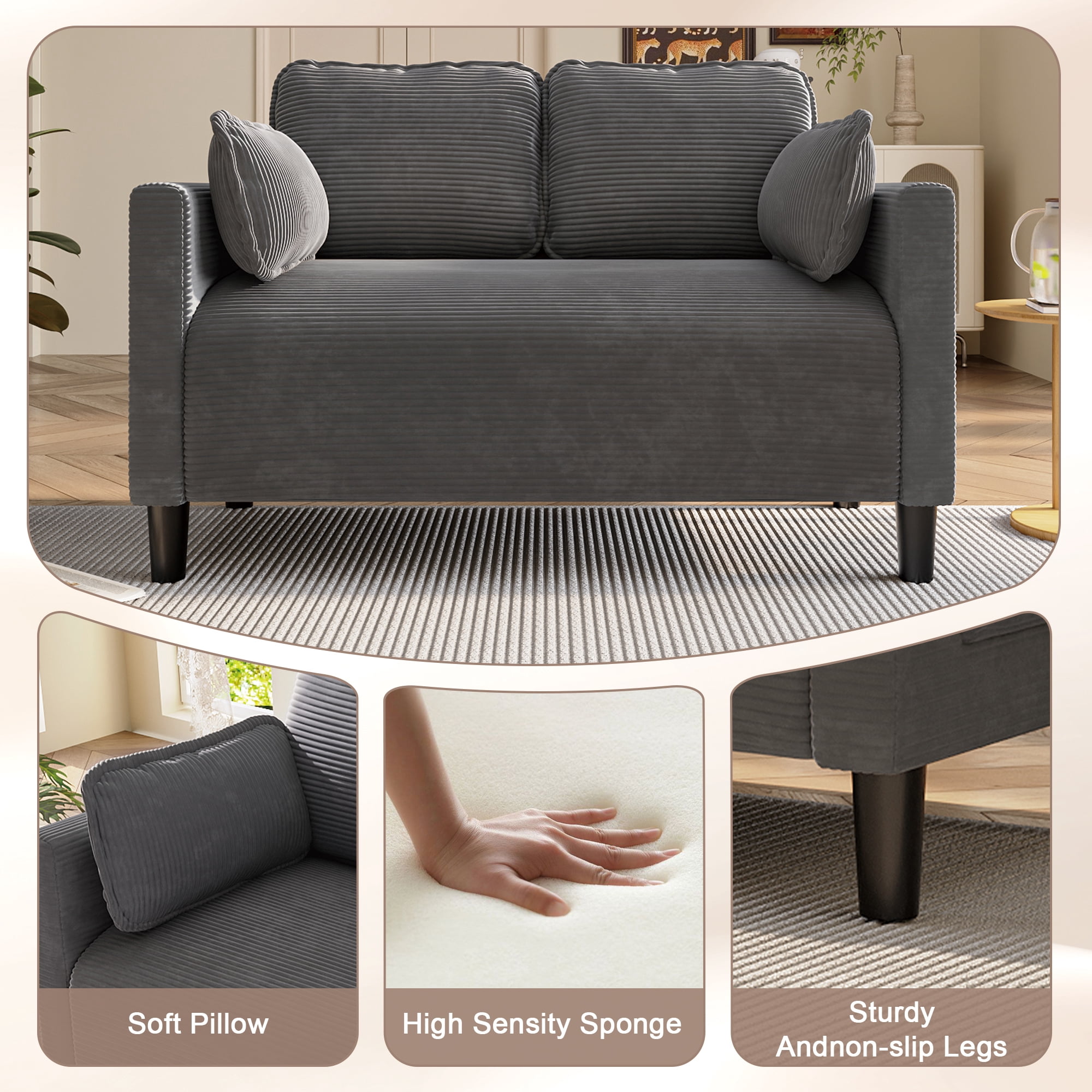 Corduroy Loveseat Couch,48" W Upholstered 2 Seater Sofa with Side Storage Pocket,Modern Small Sofa Couches for Small Spaces,Apartement,Grey