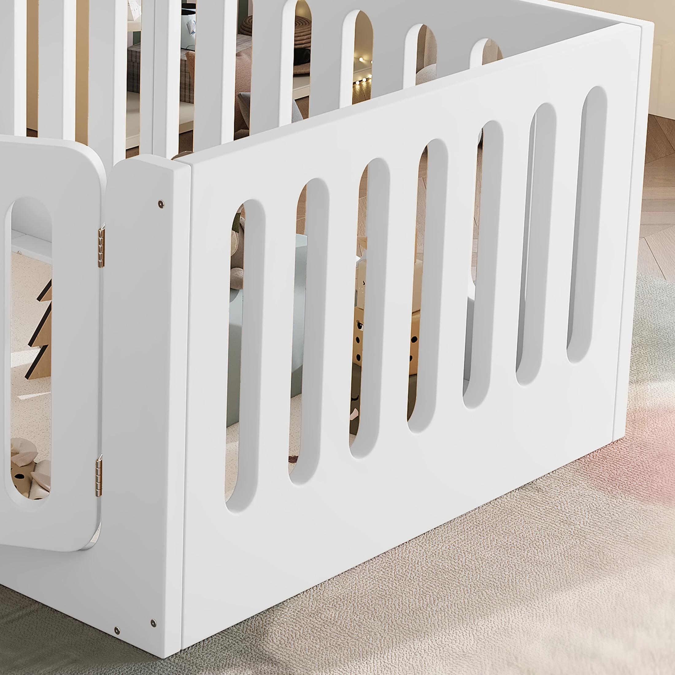 GDF Studio Twin Size Montessori Floor Bed with High Guardrails & Door, Low-Profile Design, White