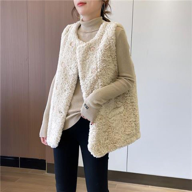 Chaleco holgado de lana de cordero con hombros descubiertos de color liso para mujer de otoño/invierno