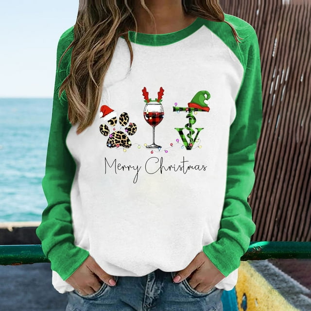 Qertyioot Chandail en Molleton de Noël pour Femmes, Manches Longues, Col Rond, Décontracté