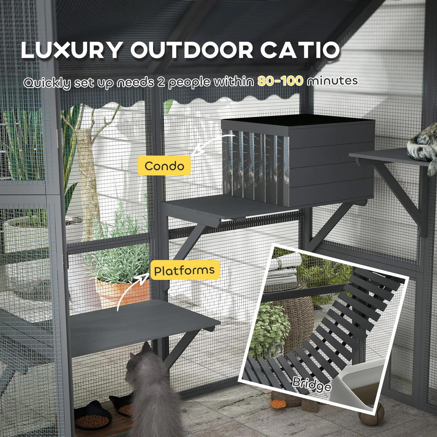 Pefilos 73" Outdoor Cat Cage with Waterproof Cover, 2 Condos, 4 Platforms, Bridge, Wooden Catio House for 2-3 Kittens Cats, Indoor Cat Enclosure, Gray