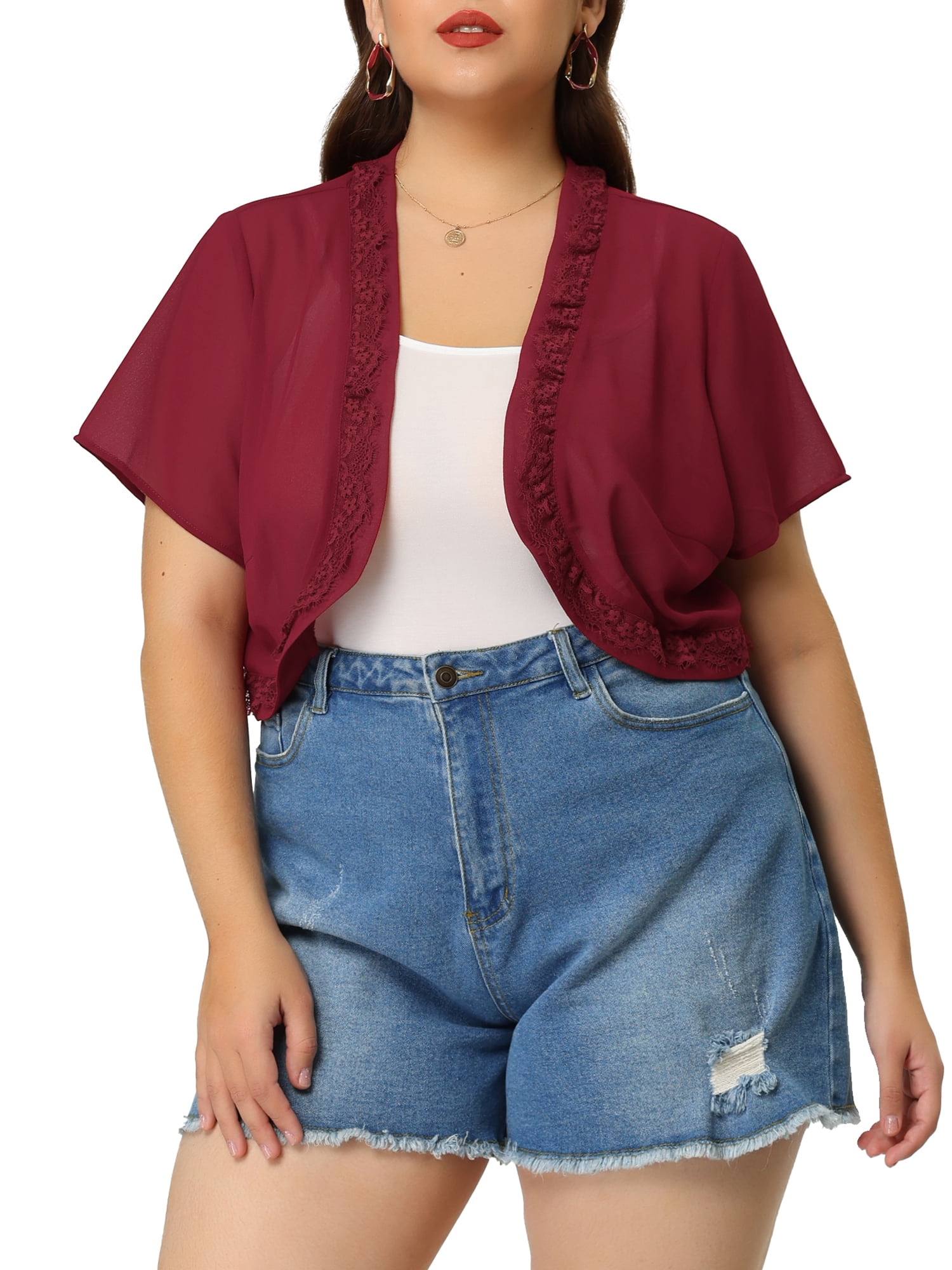 Agnes Orinda Juniors' Plus Bolero Lace Floral Sheer Loose Shrug Cardigans