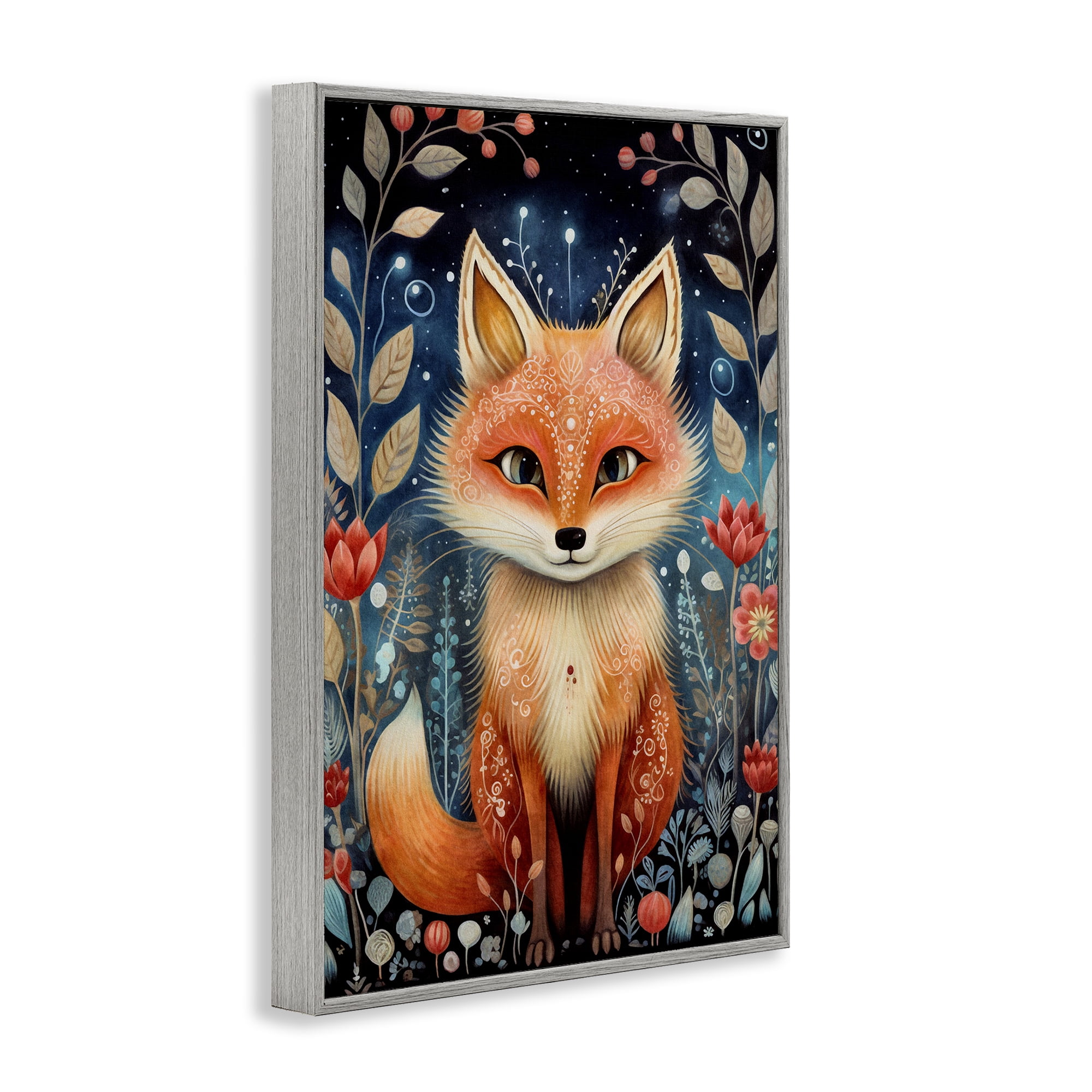 Stupell Industries Woodland Pattern Fox Animals & Insects Painting Gray Framed Art Print Wall Art, 16 x 24