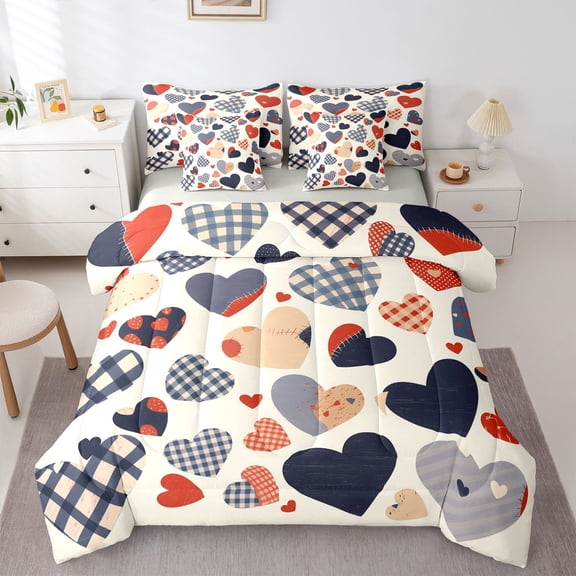 Feelyou Chic Buffalo Plaid Bedding Comforter Set 7 Pieces, Romantic Love Heart Full Bedding Set, Kawaii Cartoon Style Reversible Fitted Sheet Flat Sheet, Luxury Bedroom Decor