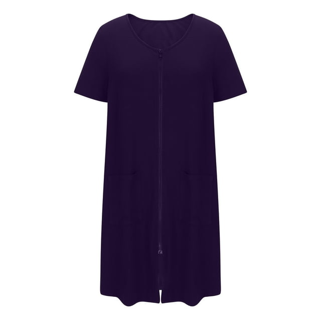 Peignoir à Fermeture Éclair pour Femme, Robe de Chambre à Manches Courtes Zippée Douce Courte avec Poches Jupe de Pyjama pour Femme Violet TG