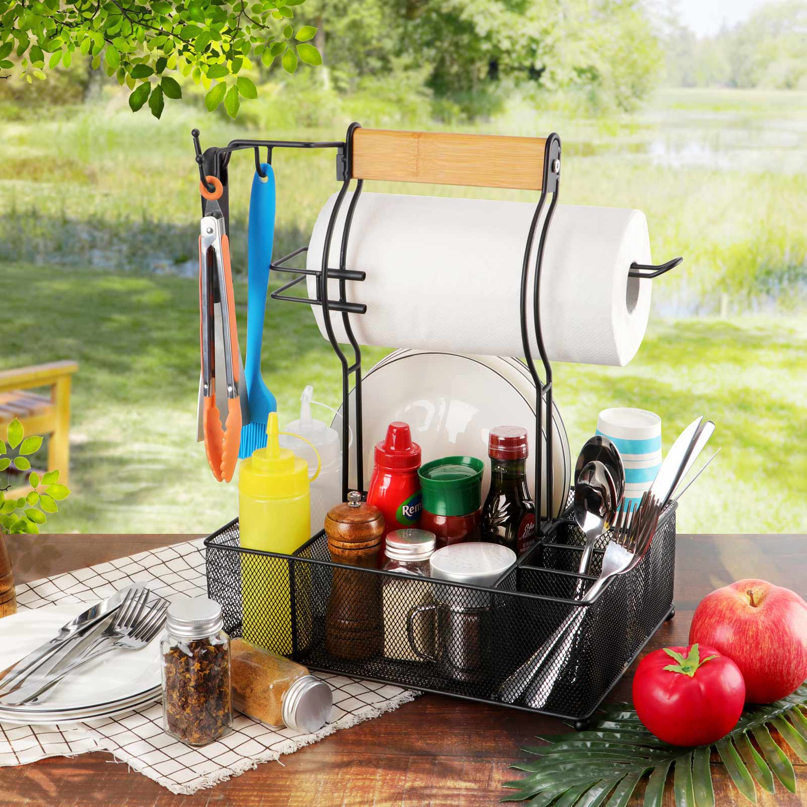 FANGSUN Grill Utensil Caddy, Picnic Caddy with Paper Towel Roll Holder