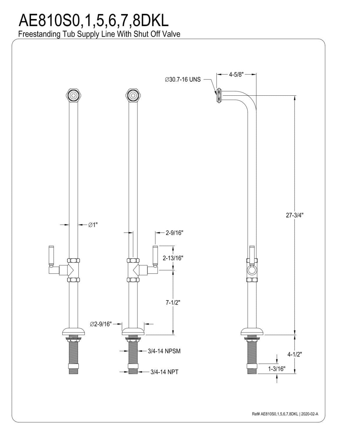 Kingston Brass AE810S0DKL Concord Freestanding Tub Supply Line, Matte Black