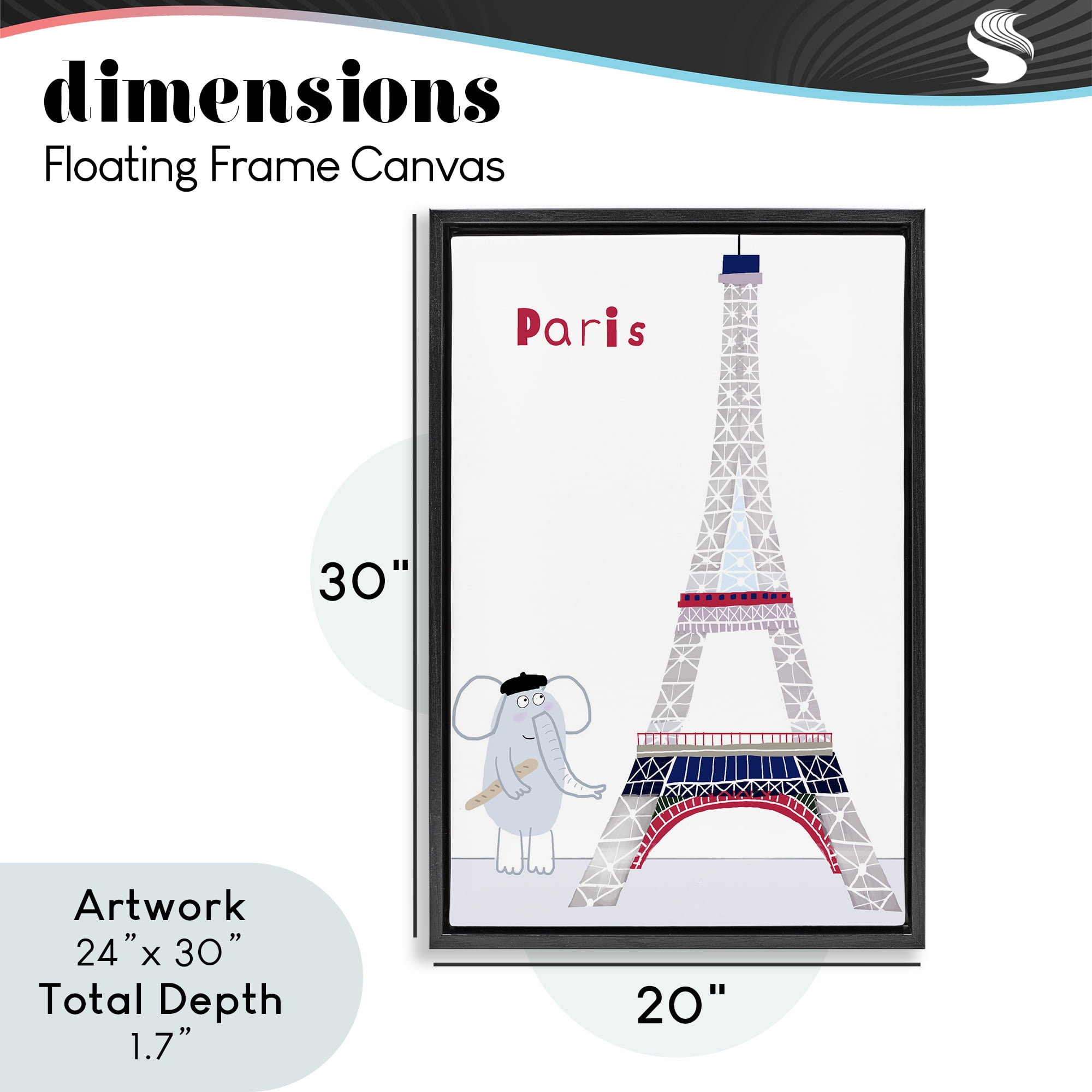 Elephant & Eiffel Tower Black Framed Floater Canvas Wall Art, design by Carla Daly