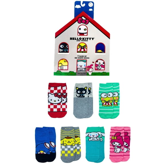 Hello Kitty & Friends Women's No-Show Socks, 7 Days of Socks Giftable House Box, 7-Pack, Size 4-10