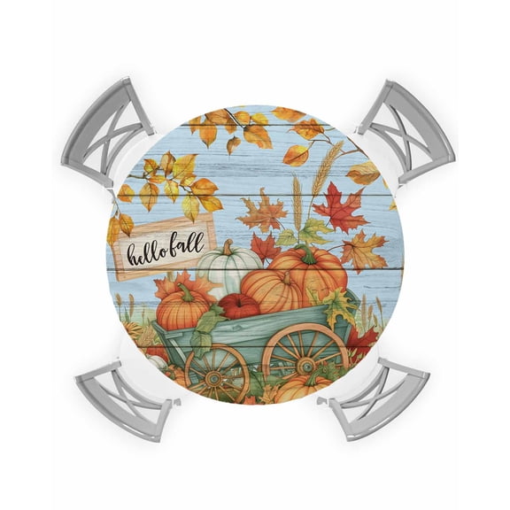 nqOlkjepod Orange Fall Pumpkins Round Tablecloth, Fitted Table Cover with Elastic for 36"-44" Round Tables, Thanksgiving Botanical Blue Vintage Table Cloth Dinning Party Waterproof Tablecloths