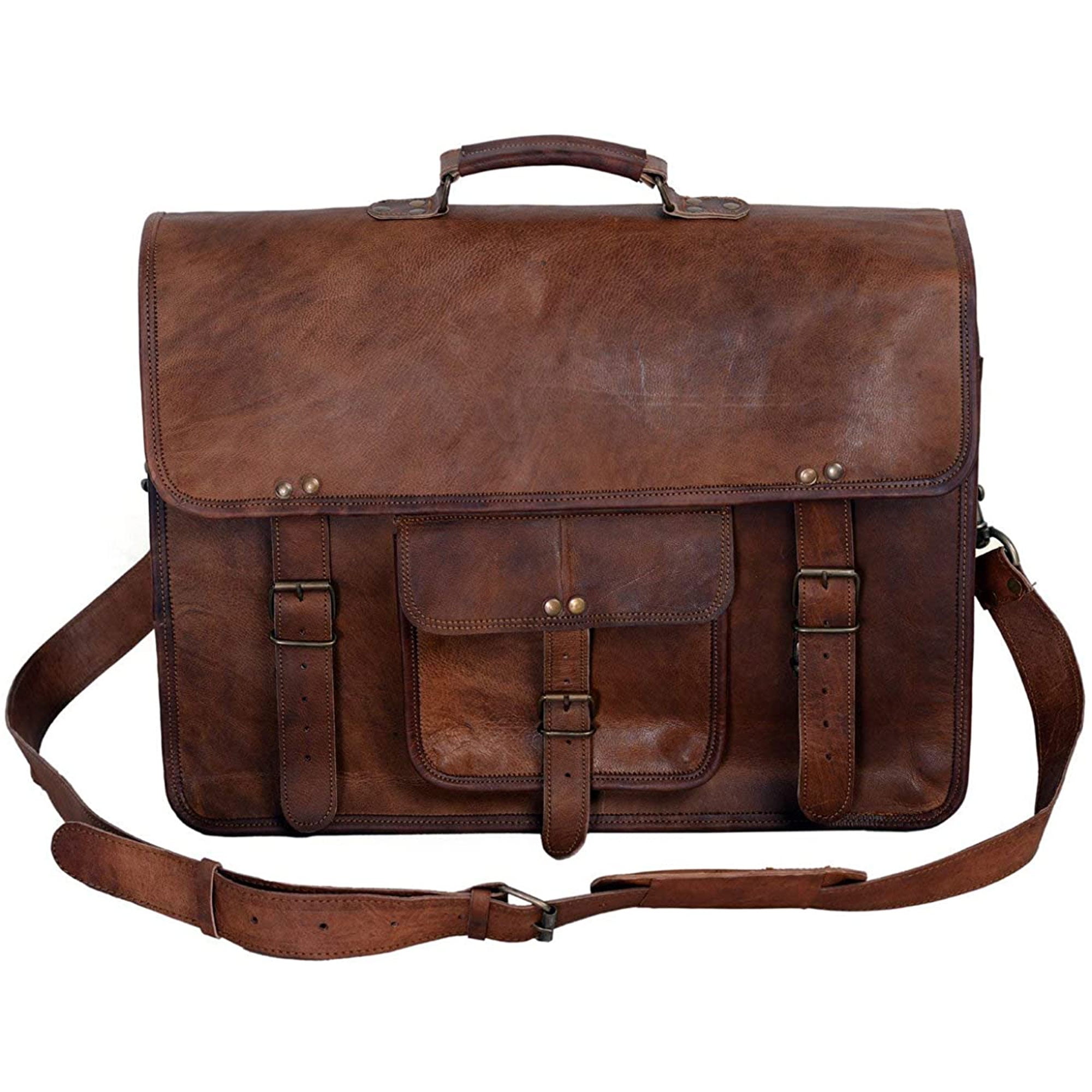 18-Inch Full Grain Leather Laptop Messenger Bag – Office Briefcase Satchel for Men and Women with Adjustable Strap and Lockable Compartments
