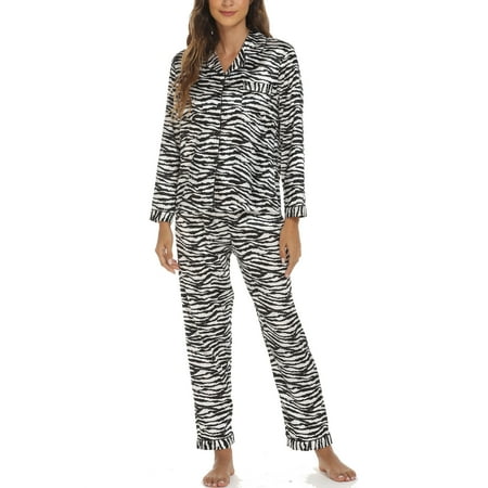 

Satin Silk Pajamas Set for Women Button Down Sleepwear 2 Piece Pjs Sets Long Sleeve Printed Womens Loungewear Set