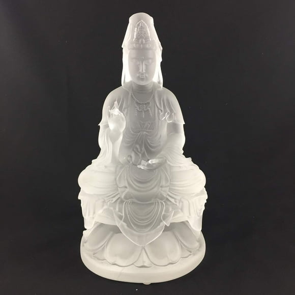 Amore Jewell Guanyin Statue Sitting on The Lotus (Guan Yin - Guan-Yin) in White Color ~ Zuo Lian Guanyin, Fengshui Decoration Ornament Gift for Home & Office (Liuli Crystal Glass)