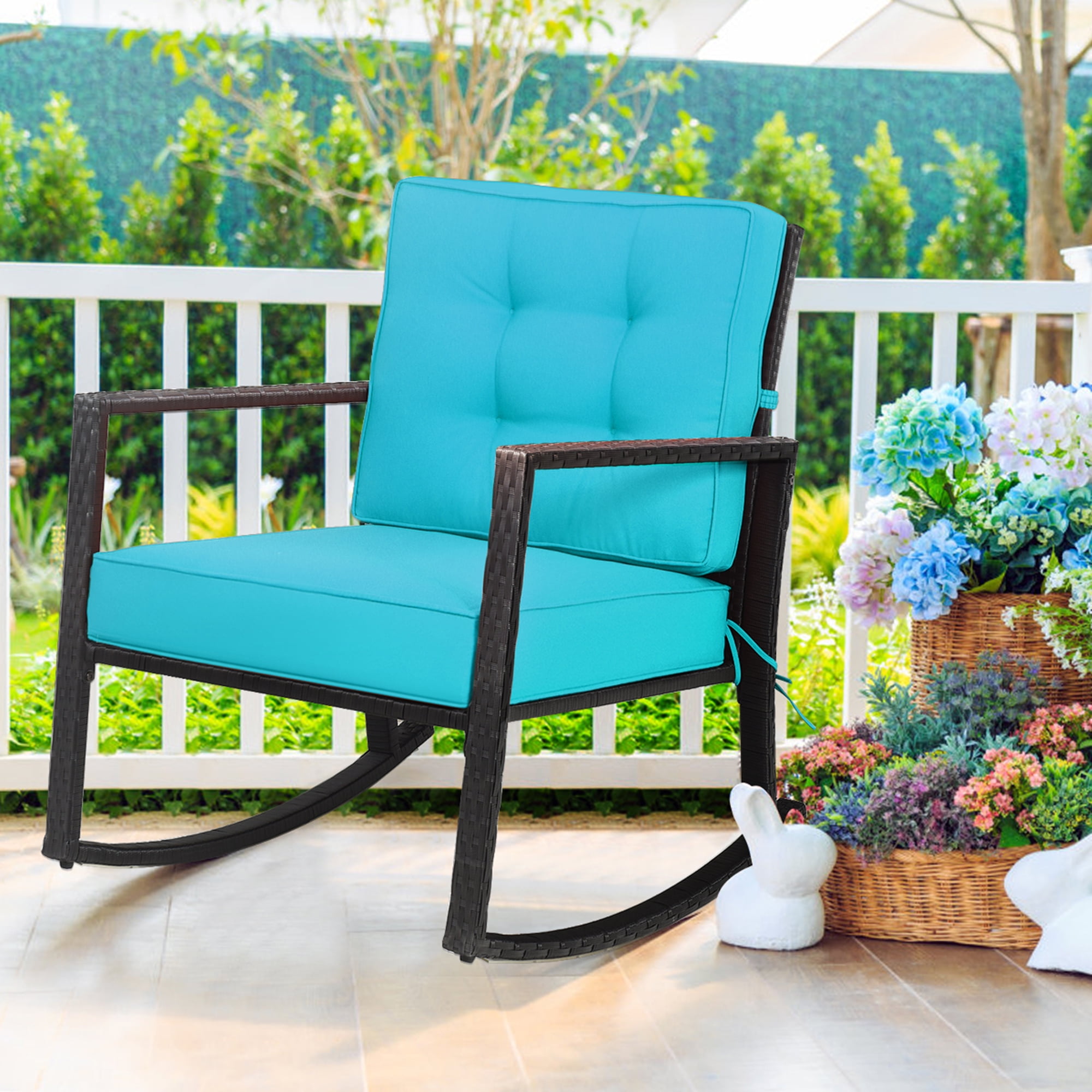 Gymax Outdoor Wicker Rocking Chair Patio Lawn Rattan Single Chair
Glider w\/ Turquoise Cushion