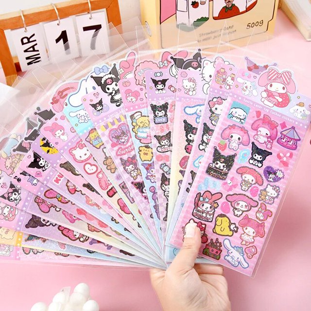 Pegatinas láser Sanrio Guka, calcomanías de dibujos animados, Hello Kitty, Kuromi Melody, Cinnamoroll, Kawaii, juguetes para niños, regalos
