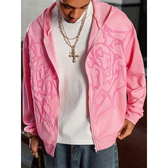 Mens Pink Embossed Zip-Up Hoodie - Y2K High Street Style Fall Outerwear