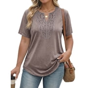 Fantaslook Lace Plus Size Tops for Women V Neck Short Sleeve Blouses Summer Tunic Shirts