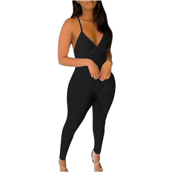 Usmixi Jumpsuits for Women Sexy Back Hollowed Soft Knitted Ribbed Slim Strap Sports Yoga Long Jumpsuits Overalls Summer Formal Solid V-Neck Sleeveless Maxi Rompers Black m