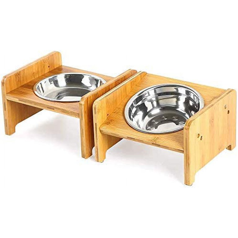 FOREYY Raised Pet Bowls for Cats and Small Dogs, Bamboo Elevated Dog Cat  Food and Water Bowls Stand Feeder with 2 Stainless Steel Bowls and Anti  Slip Feet 4'' Tall-20 oz bowl