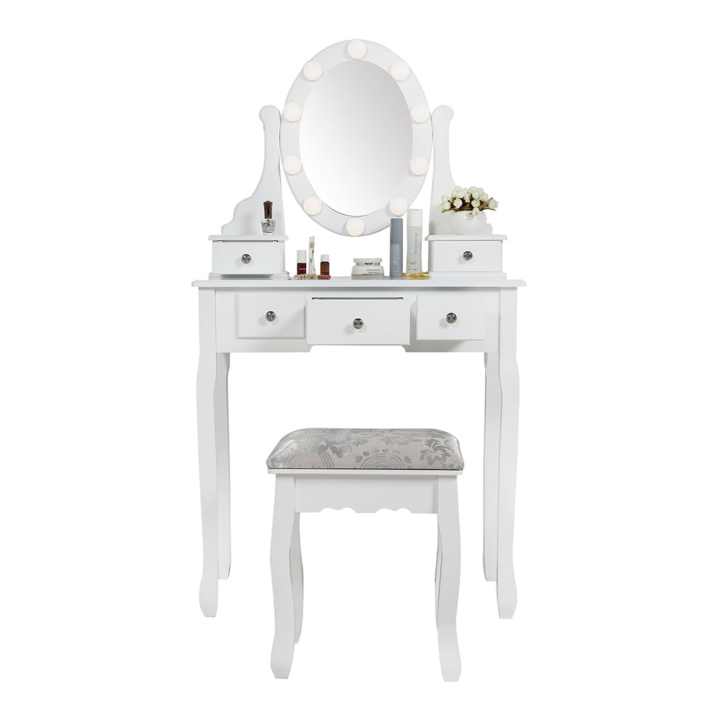 Resenkos Vanity Set Dressing Table with Mirror, 10 Light Bulbs, Stool 5 Drawers, 29.5 x 15.7 x 52.8 inches, White Resenkos Vanity Set Dressing Table with Mirror, 10 Light Bulbs, Stool 5 Drawers, 29.5 x 15.7 x 52.8 inches, White