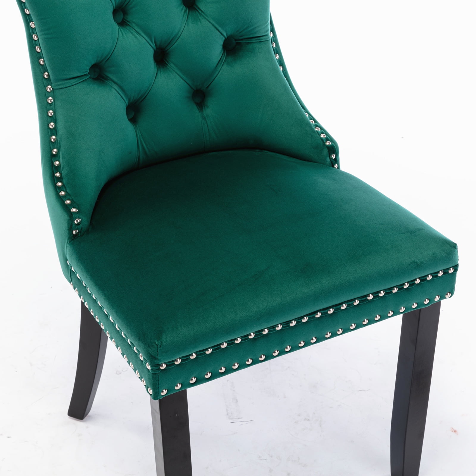 Leumius Dining Chairs Set of 2, Velvet Upholstered Kitchen Side Chairs with Ring Pull Trim and Button Back, Solid Wood Luxury Dining Room Chair for Living Room, Bedroom, Kitchen, Green