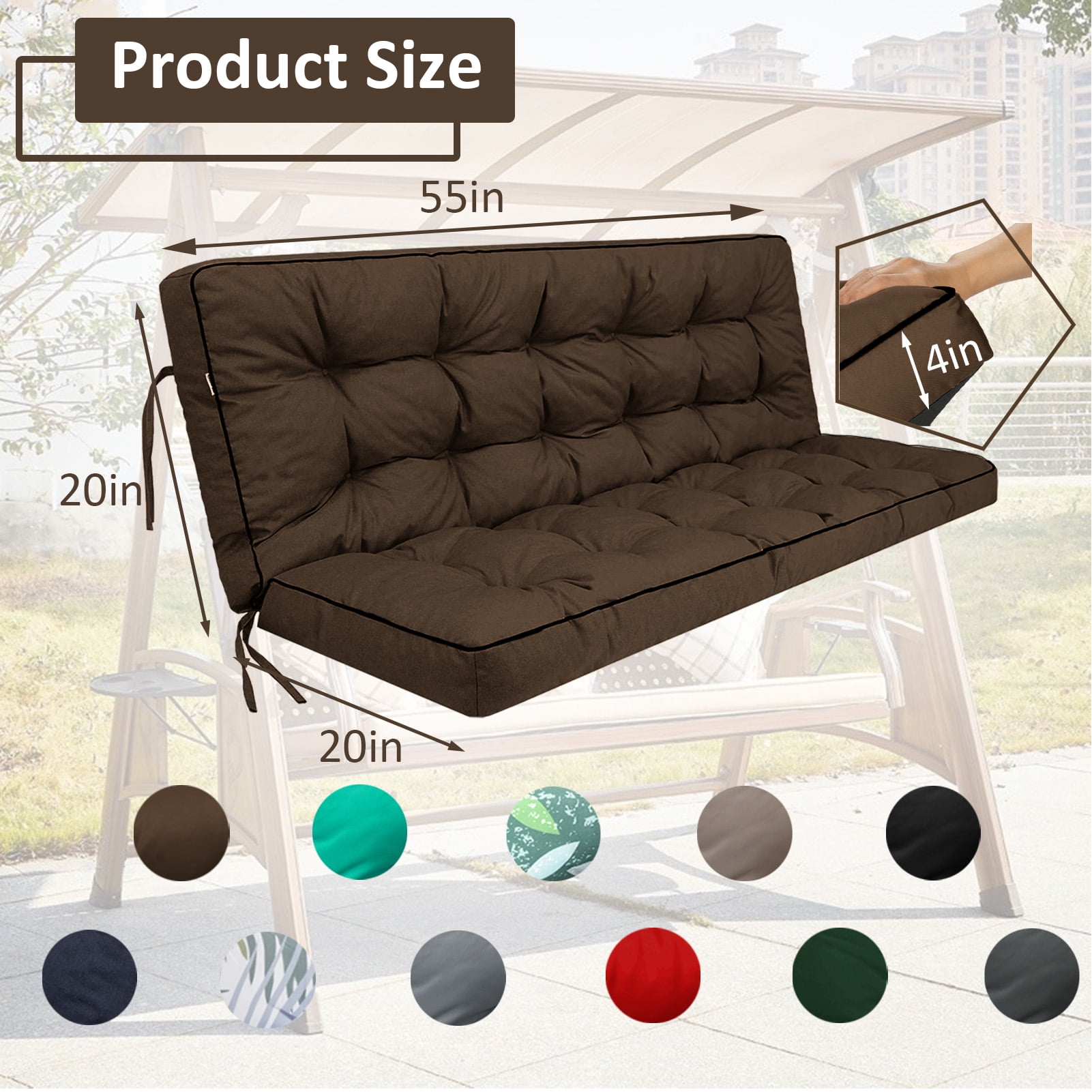 Porch Swing Cushion Thicken 4", 55" Swing Cushions 2-3 Seater Replacement, Waterproof Bench Cushions with Backrest, Anti-Fading Patio Swing Chair Pads for Outdoor Garden Furniture