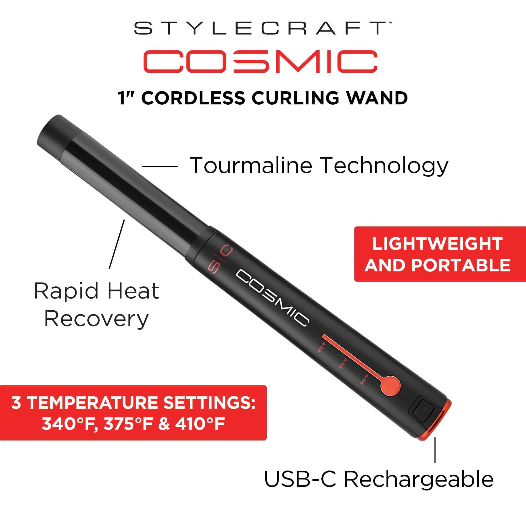 StyleCraft Cosmic Travel-Size Professional 1-Inch Hair Curling Wand, Cordless, Black
