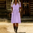 thumbnail image 4 of Miluxas Women's Short Sleeve Midi Dress Solid V Neck Business Casual Dress with Pockets Lighweight Summer Trendy Outfits for Daily & Vacation Purple, 4 of 6