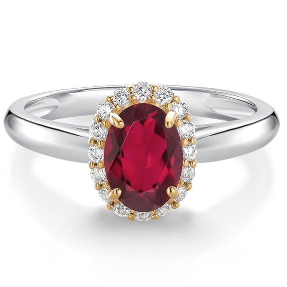 Gem Stone King 10K White and Yellow Gold Ruby Red Mystic Topaz and White Lab Grown Diamond Halo Engagement Ring for Women (0.93 Cttw, Gemstone, Oval 7X5MM, Size 9)
