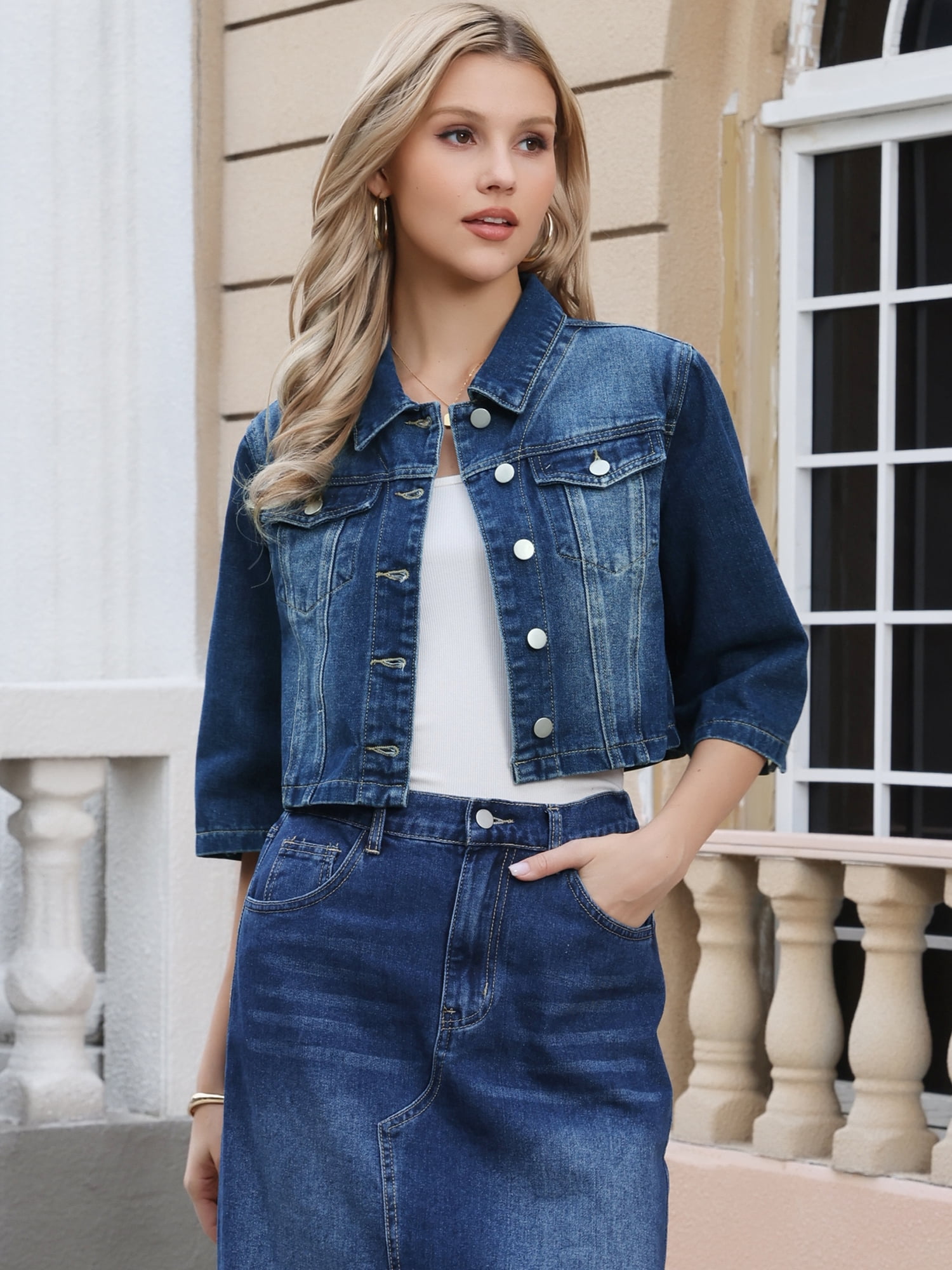 DARING DIVA Women's Rolled Sleeve Button Down Crop Jean Jacket S Deep Blue