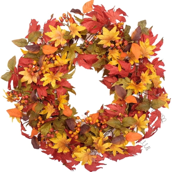 Idyllic 20" Fall Wreath for Front Door, Maple Leaves in Red Yellow Green with Orange Berries