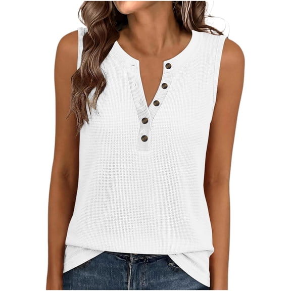 GUACER Waffle Knit Henley Tank Top for Women Sleeveless Button-Front Casual Tee Breathable Summer Camisole