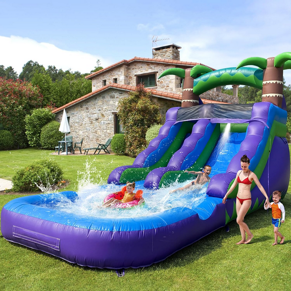 21ft Tropical Commercial Grade Water Slide With Splash Pool And Air Blower For Kids Summer Party (Blue&Purple)