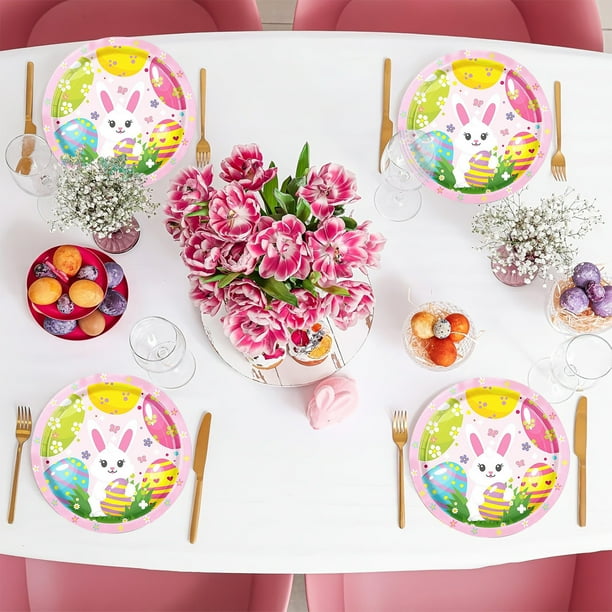 Platos de papel de Pascua | Vajilla desechable de 16 piezas con diseño de conejito y huevo | Artículos para fiestas de primavera para niños y adultos | 2 tamaños: 18 cm y 23 cm