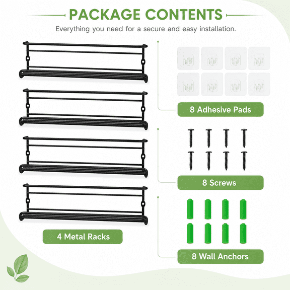 4 Tier Spice Rack Organizer, Punch-free Hanging Spice Racks for Kitchen Wall Cabinet, Metal Black