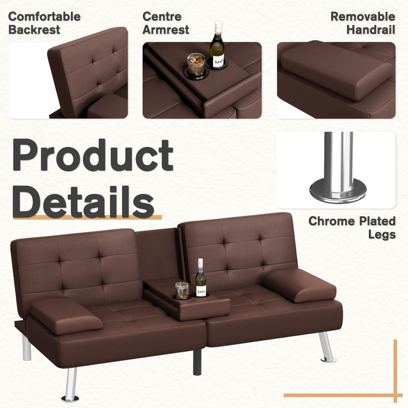 Lacoo Linen Futon Sofa Bed Modern Convertible Sleeper Couch with Removable Armrests & Cup Holders for Living Room,Small Spaces,PU Leather Brown