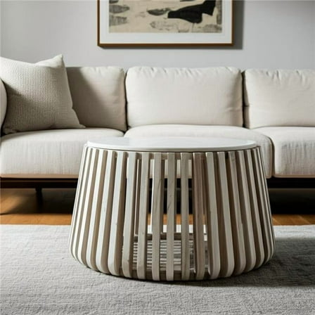 HomeRoots 556719 34 in. White & Natural Genuine Marble & Wood Round Drum Coffee Table