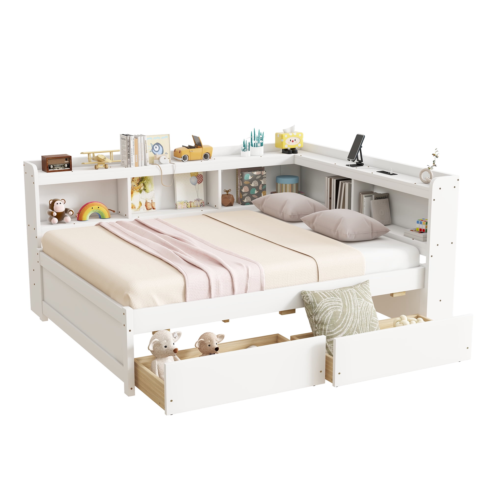 Sailvan Full Size L-shaped Bookcases Bed with Power Outlets, USB Charging Ports,Two Drawers